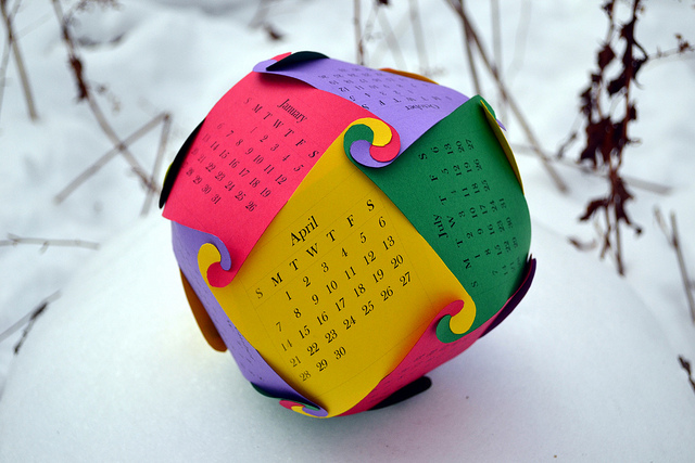 A multicolored, origami calendar